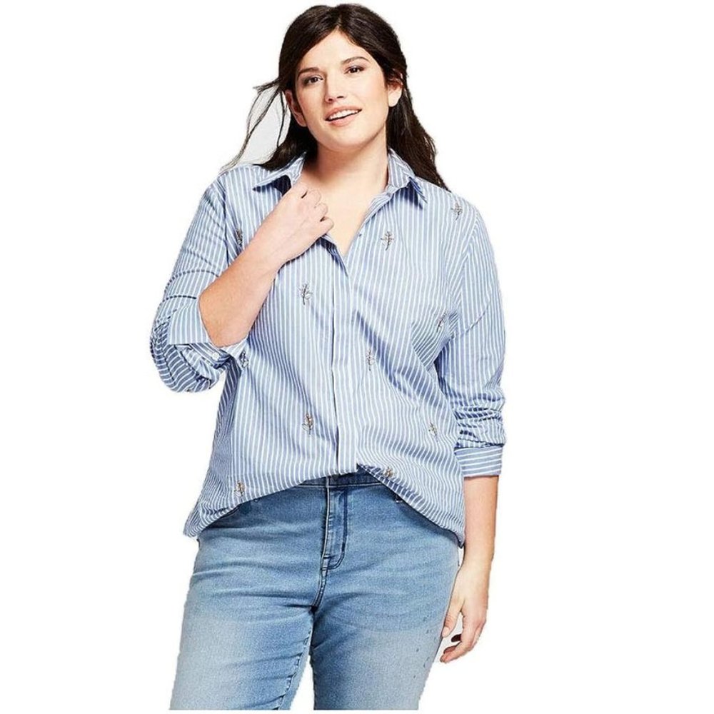 NWT Ava & Viv Striped Blue Button-Down Shirt with Embroidered Flowers